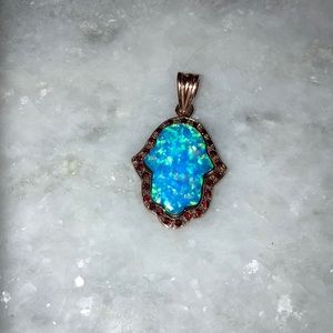 Baltinester Blue Opal Hamsa Pendant Rose Gold Garnets